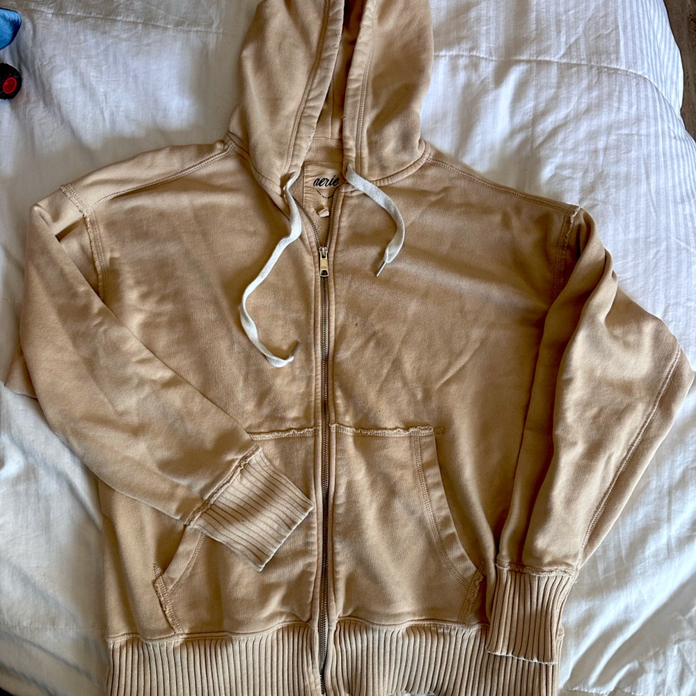Aerie slightly oversized zip up hoodie, size small, beige